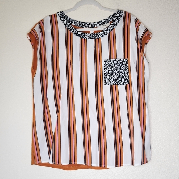 Anthropologie Porridge Orange Stripe Cap Sleeve Blouse L - Picture 2 of 7